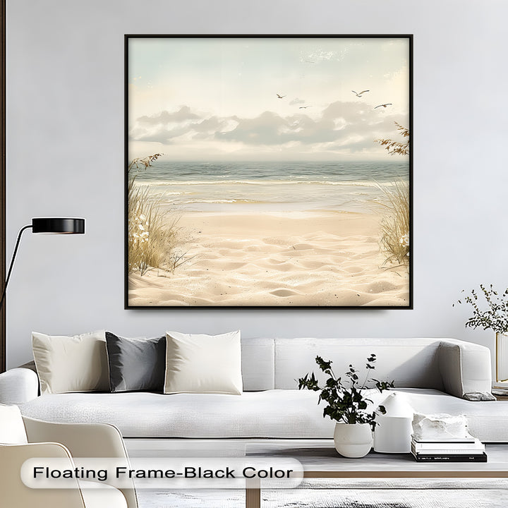 Perfect for beach lovers, this relaxing beach canvas offers timeless charm with its sun-washed sand trail leading you toward peaceful ocean waves.


