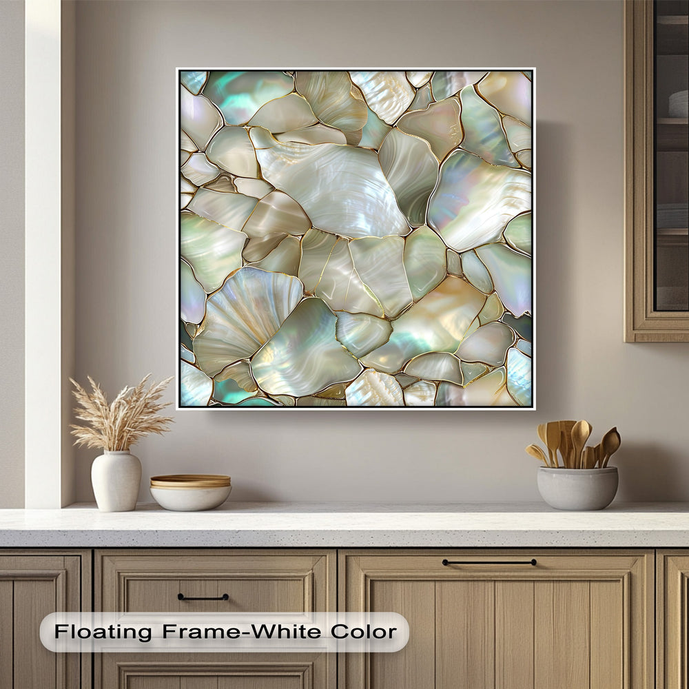The sense of movement is beautifully conveyed in this unique canvas print, showcasing iridescent mother-of-pearl mosaic fragments.