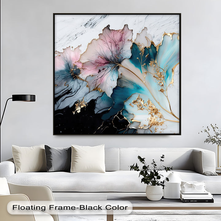 Experience the exceptional material quality of this premium canvas decor, showcasing a luxury abstract pastel floral print in pink, teal, and gold.