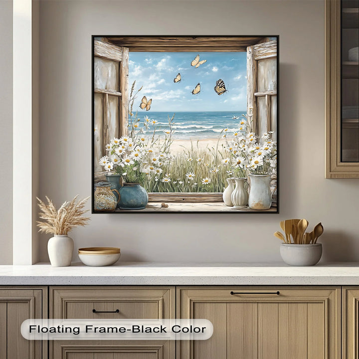 Butterflies by the Shore – Vintage Window View Kitchen Canvas Print - MyPhotoStation