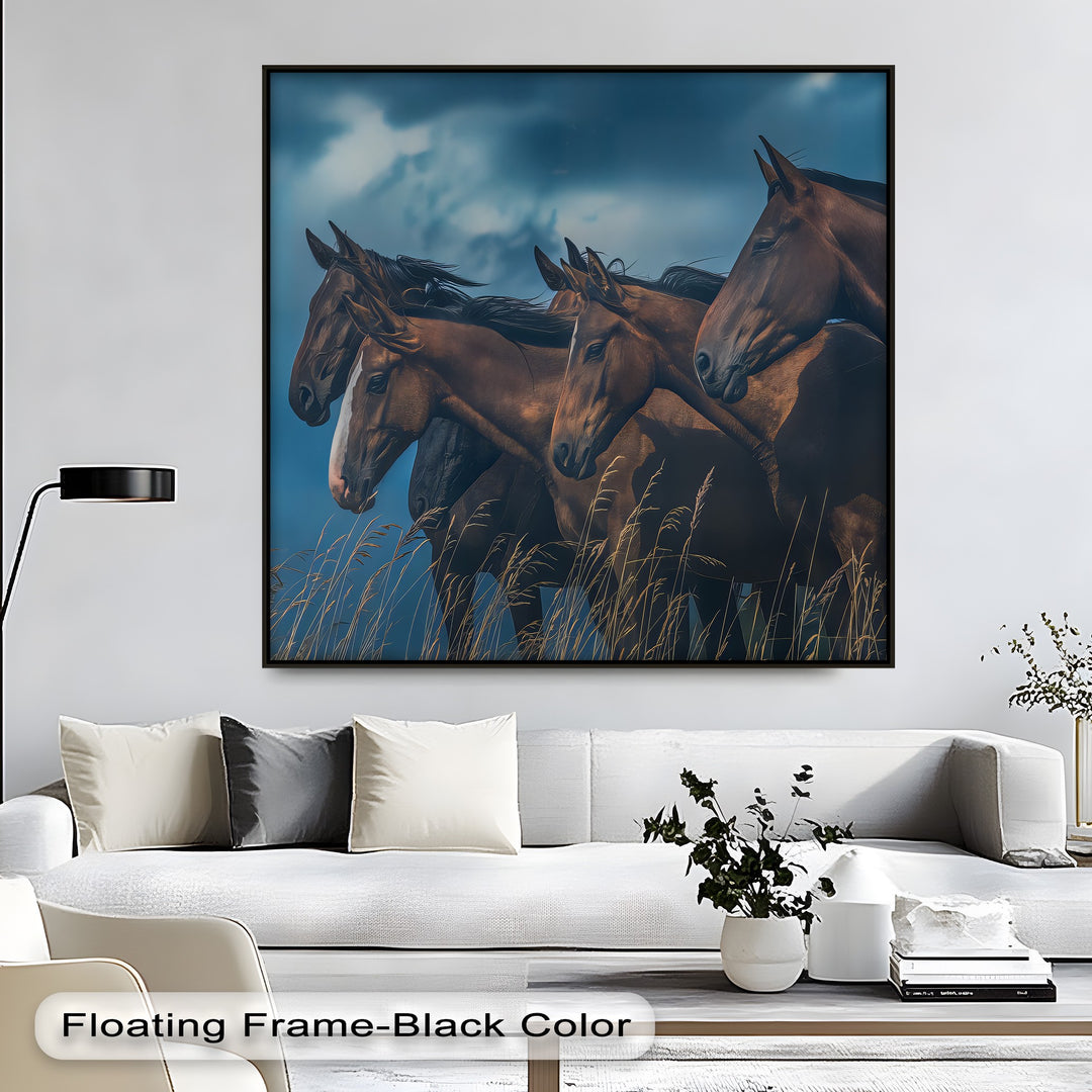 Herd of Brown Horses Under Moody Sky - Horse Canvas Print