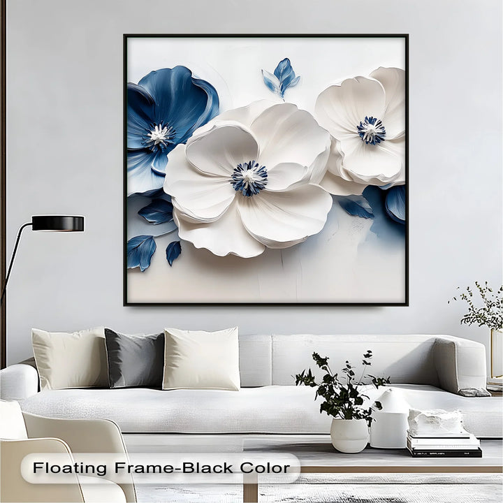 Blue Serenity Blooms – White and Navy Floral Canvas Wall Art - MyPhotoStation