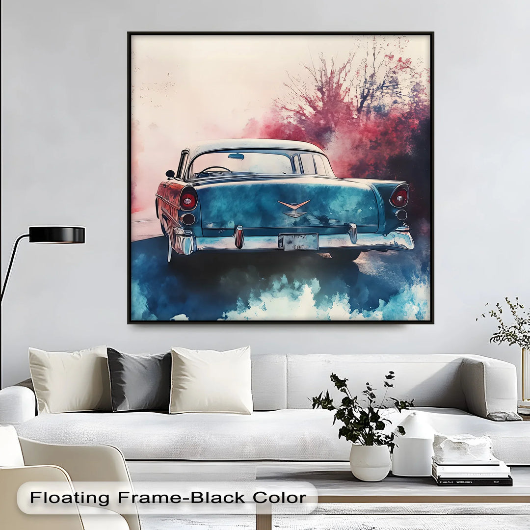 Retro Teal Classic Car Surrounded by Autumn Haze – Car Canvas Print