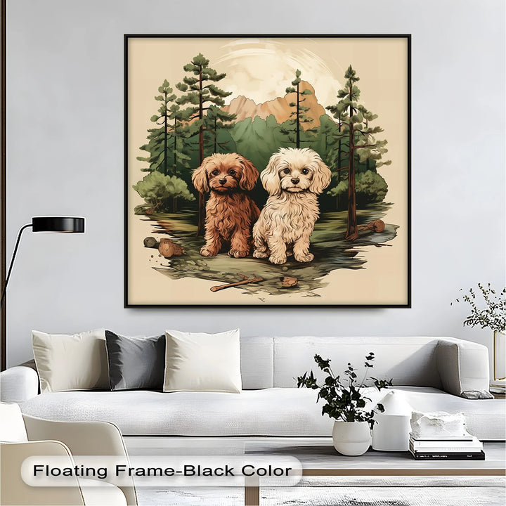 Wilderness Companions – Two Puppies in Forest Mountain Scene Canvas Print - MyPhotoStation