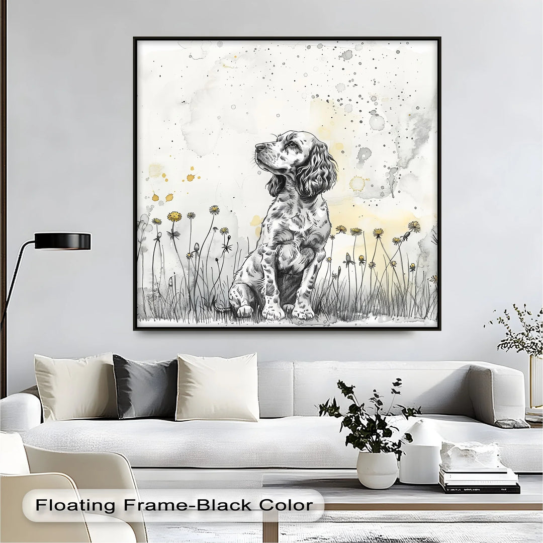 Gentle Wonder – Ink Sketch Puppy in Dandelion Meadow Canvas Print - MyPhotoStation