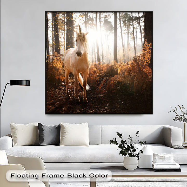 Enchanted Light – White Unicorn in Autumn Forest Canvas Print
