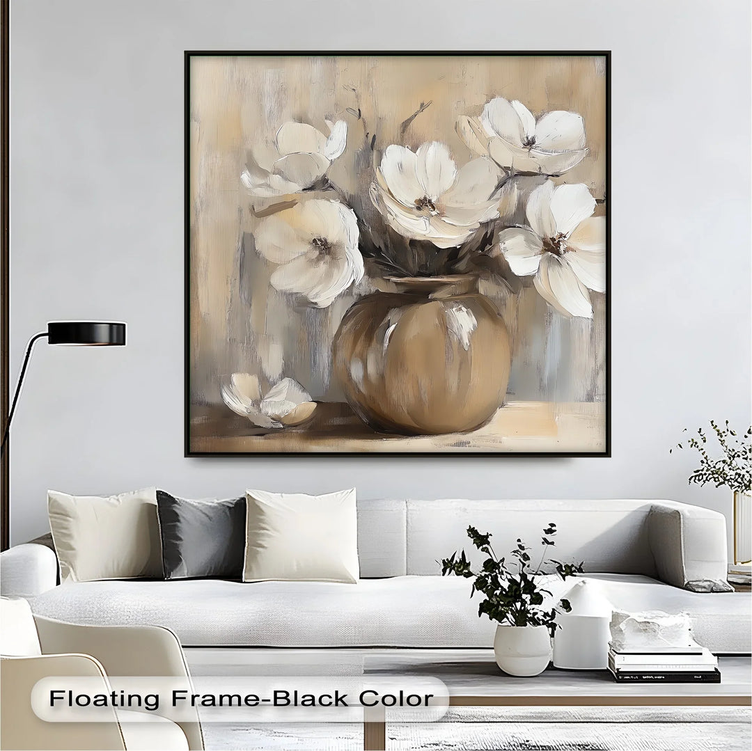 Vintage Serenity – Beige Vase with Cream Flowers Canvas Wall Art - MyPhotoStation