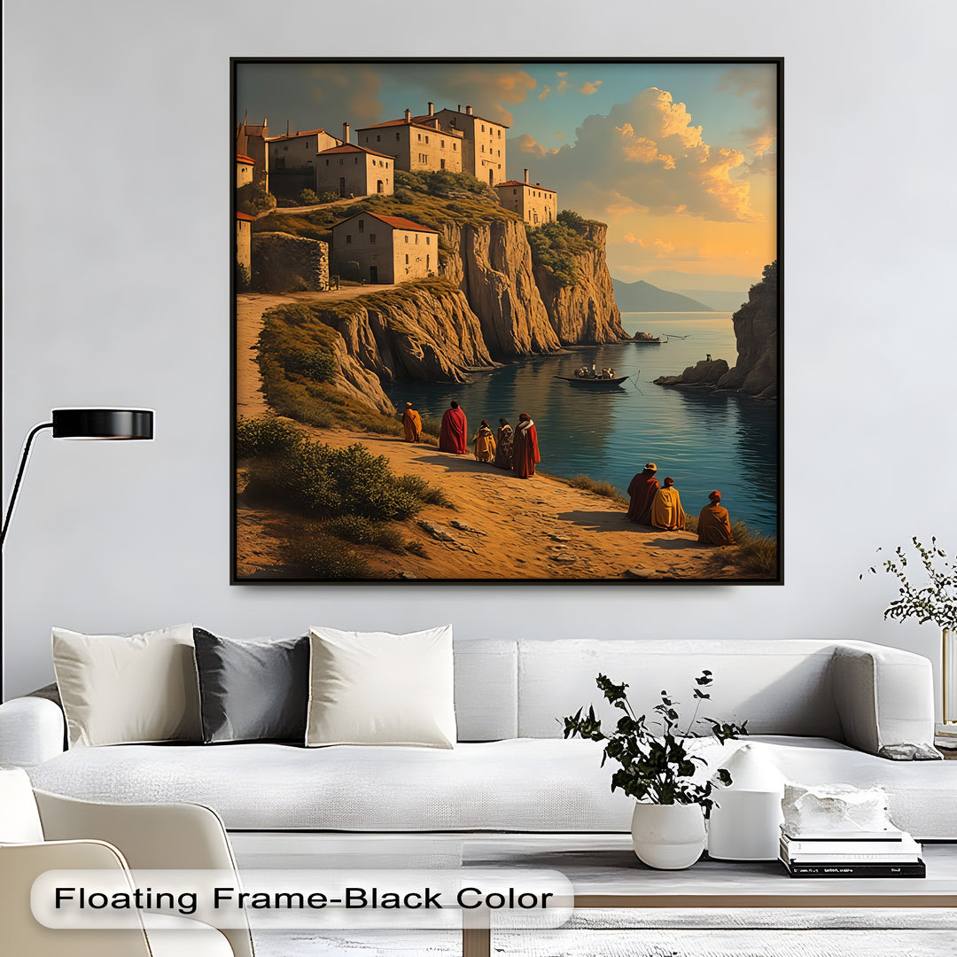 Clifftop Village Serenity – Coastal Sunset Canvas Wall Art | Large Canvas Art