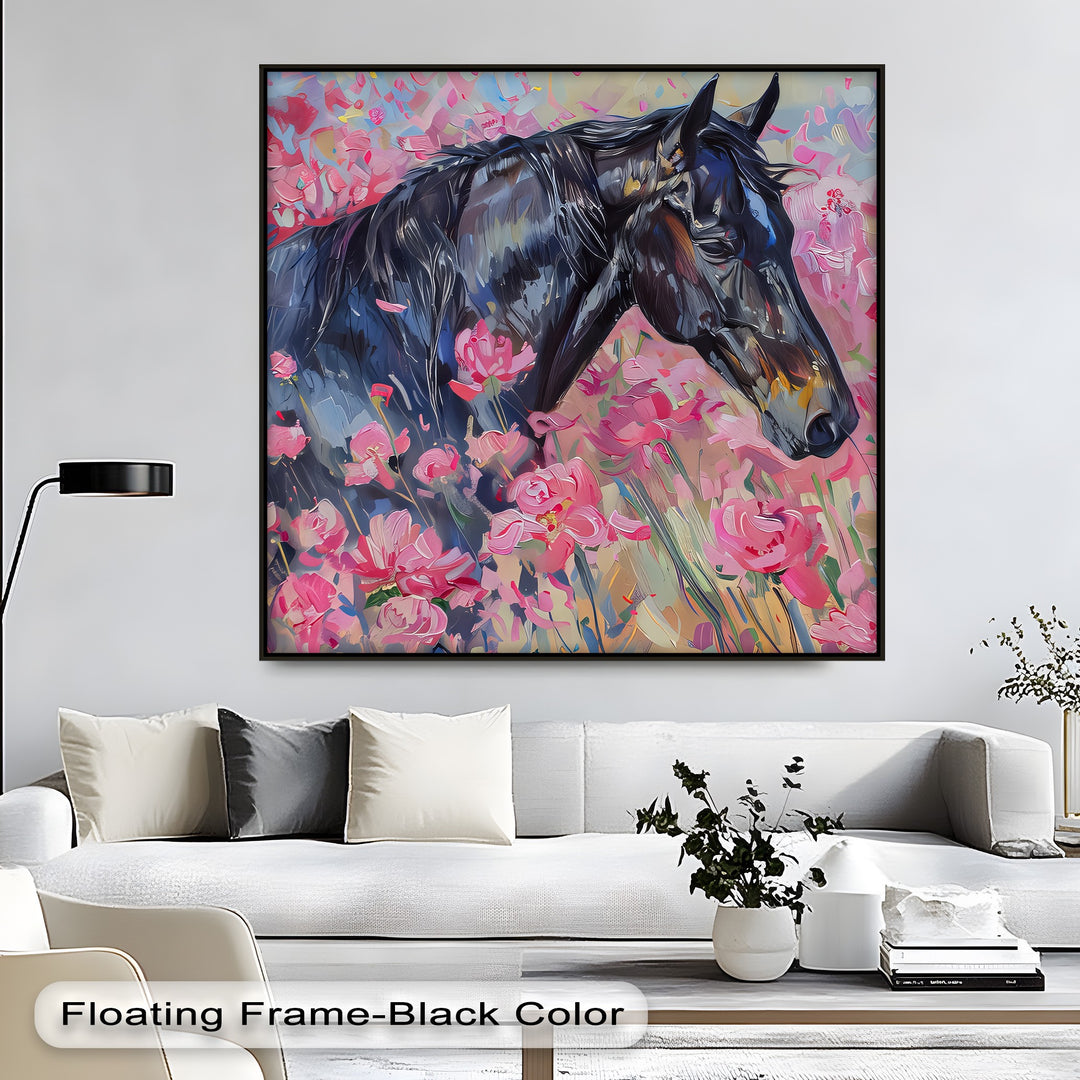 Blossom Drift – Black Horse in Pink Field Canvas Print