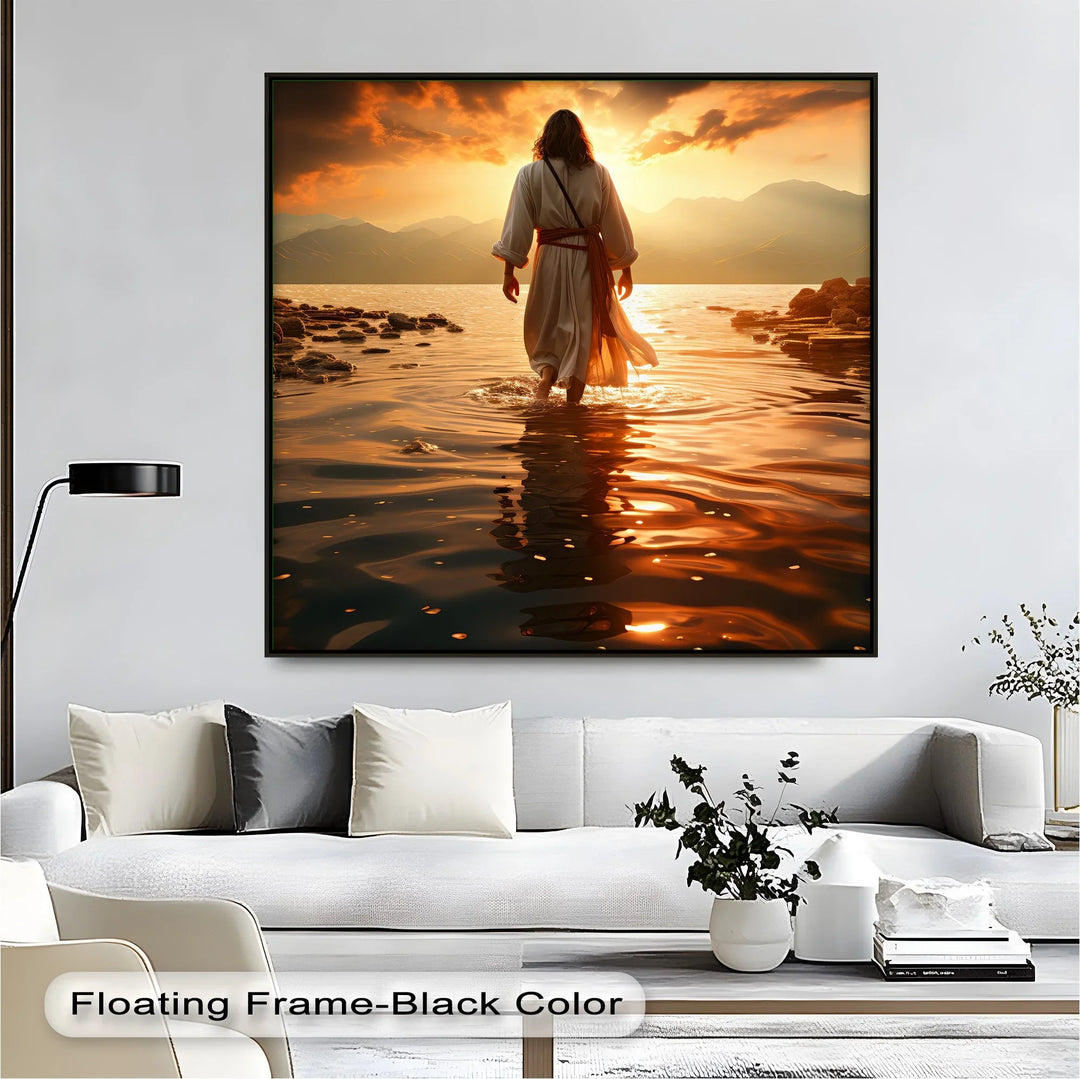 Jesus in light-filled water scene – Christian home decor painting.

