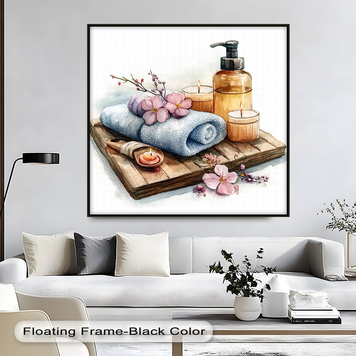 Designed to enhance your self-care routine, this minimalist canvas print features warm candlelight, soft towels, and botanical beauty for a calming effect.


