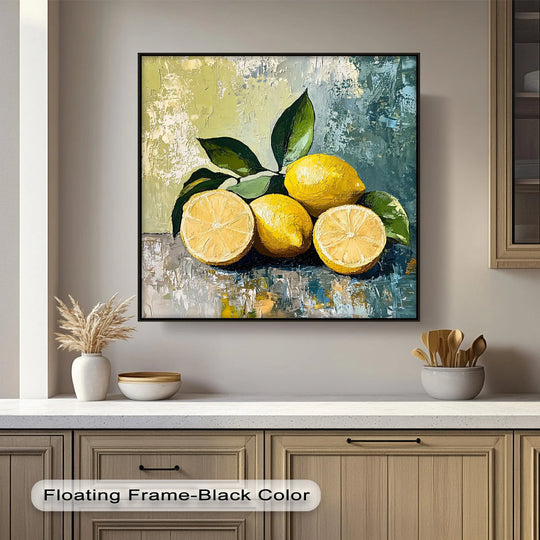 Color transitions softly on this hanging canvas of vibrant lemons, where blues and yellows merge in a textured still life kitchen art piece.