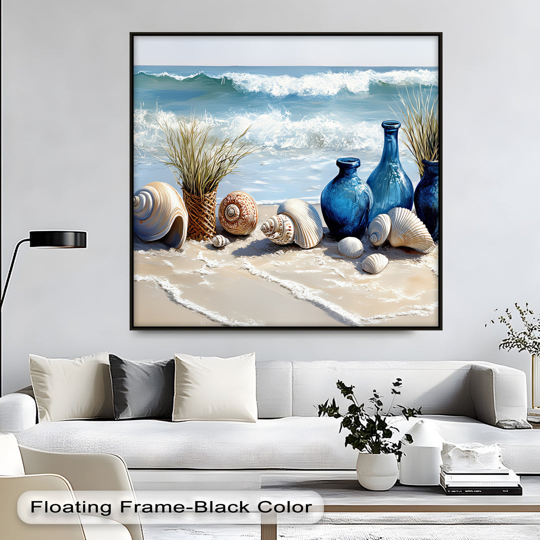 Coastal Calm – Seashells and Blue Vases Beach Scene Canvas Print