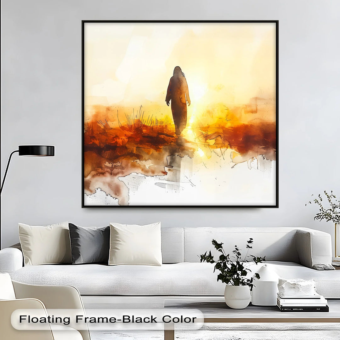 He Walks in Light – Silhouette of Christ in Golden Landscape Canvas Print
