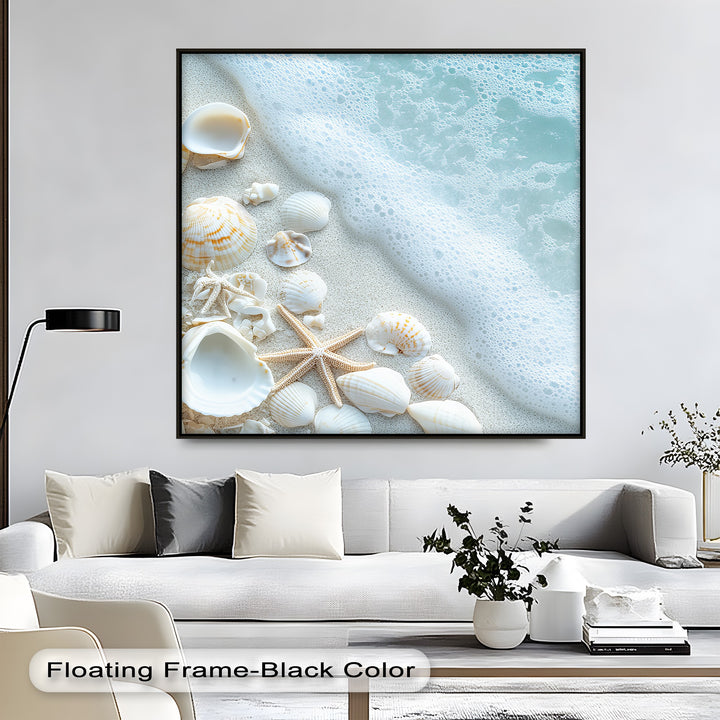 A tranquil coastal canvas that blends nature’s detail and elegance—this artwork delivers calm through soft waves and intricate shells.

