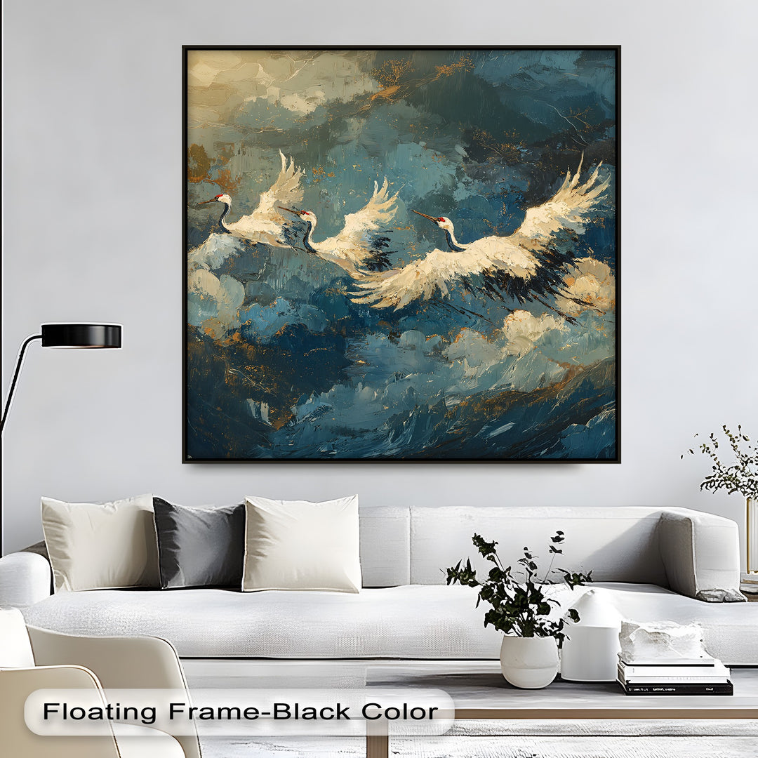 Focusing on the brightest area, this canvas shows elegant white cranes in flight, offering stunning canvas pictures with an abstract bird design.
