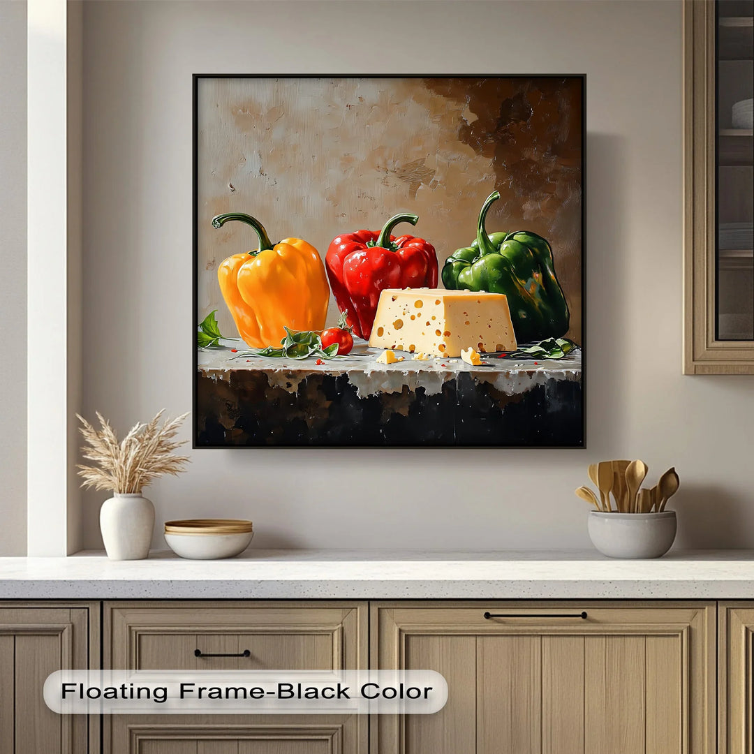 Colorful Bell Peppers & Cheese – Rustic Kitchen Canvas Print - MyPhotoStation
