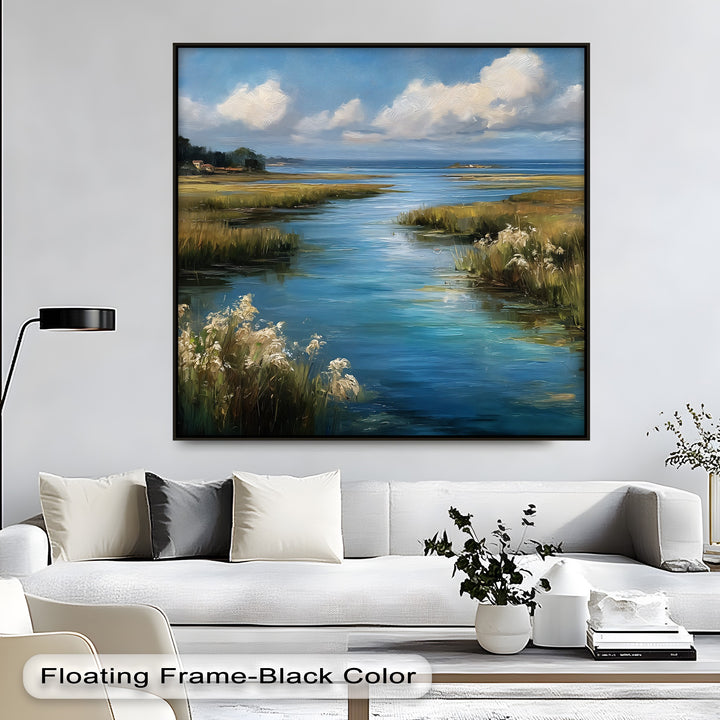 Showcasing depth and layers, the serene coastal marsh landscape is printed as a framed canvas wall art, creating a tranquil nature scene with a gallery-worthy finish.