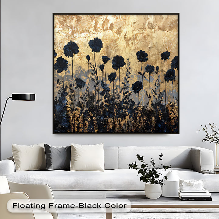 Golden Twilight Meadow – Black Floral Silhouette Canvas Print