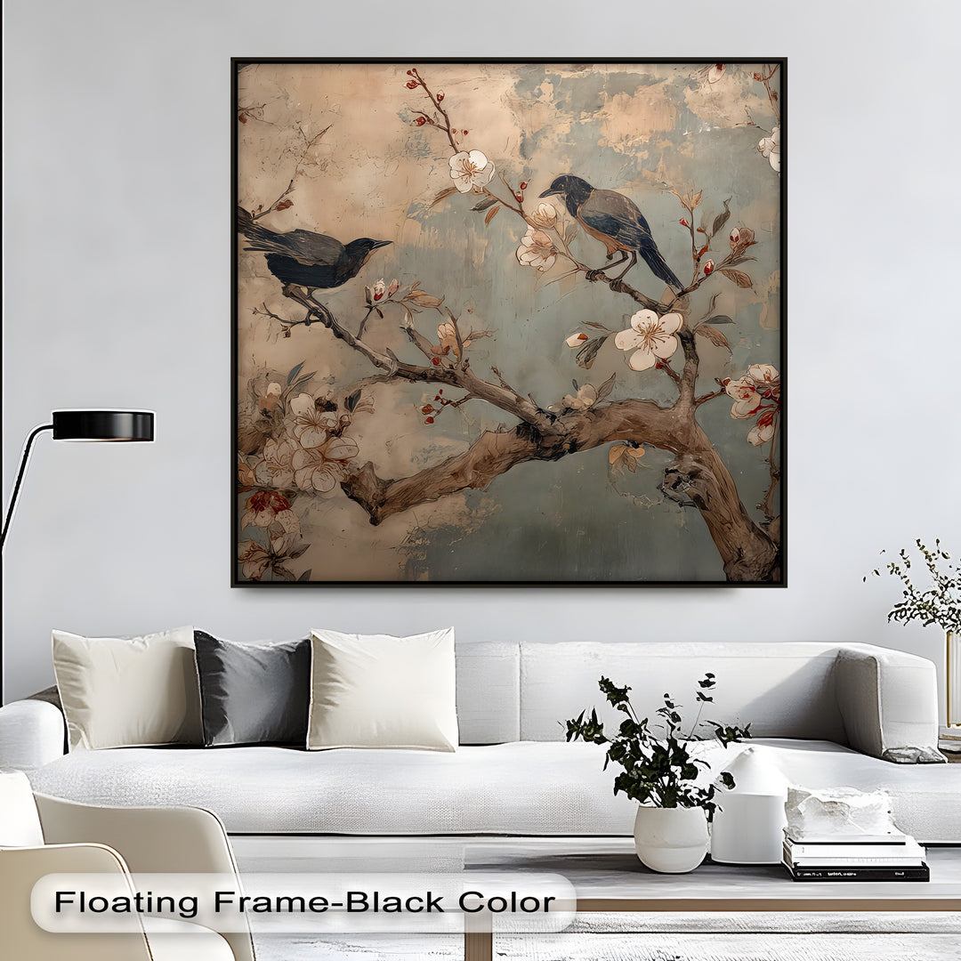 Vintage Cherry Blossom Bird Mural Botanical Canvas Art | Large Canvas