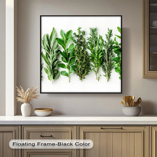 Illuminated by the print's brightest area, this fresh herb medley provides a crisp, minimalist botanical design presented as a kitchen framed canvas.