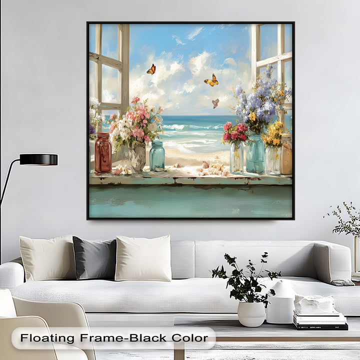 Butterflies by the Shore – Seaside Window Flowers Canvas Print