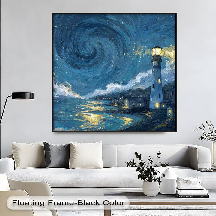 Swirling azure transitions into shimmering gold on this dramatic coastal night sky framed canvas, a starry night lighthouse canvas print illuminating the seascape.