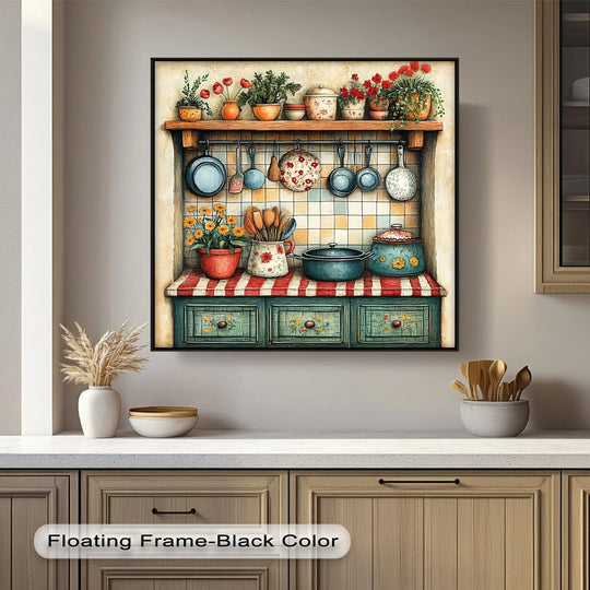 Negative space highlights the Rustic Cottage Kitchen Shelf in the big canvas prints, accentuating the vintage kitchen canvas print and its charming cottage details.