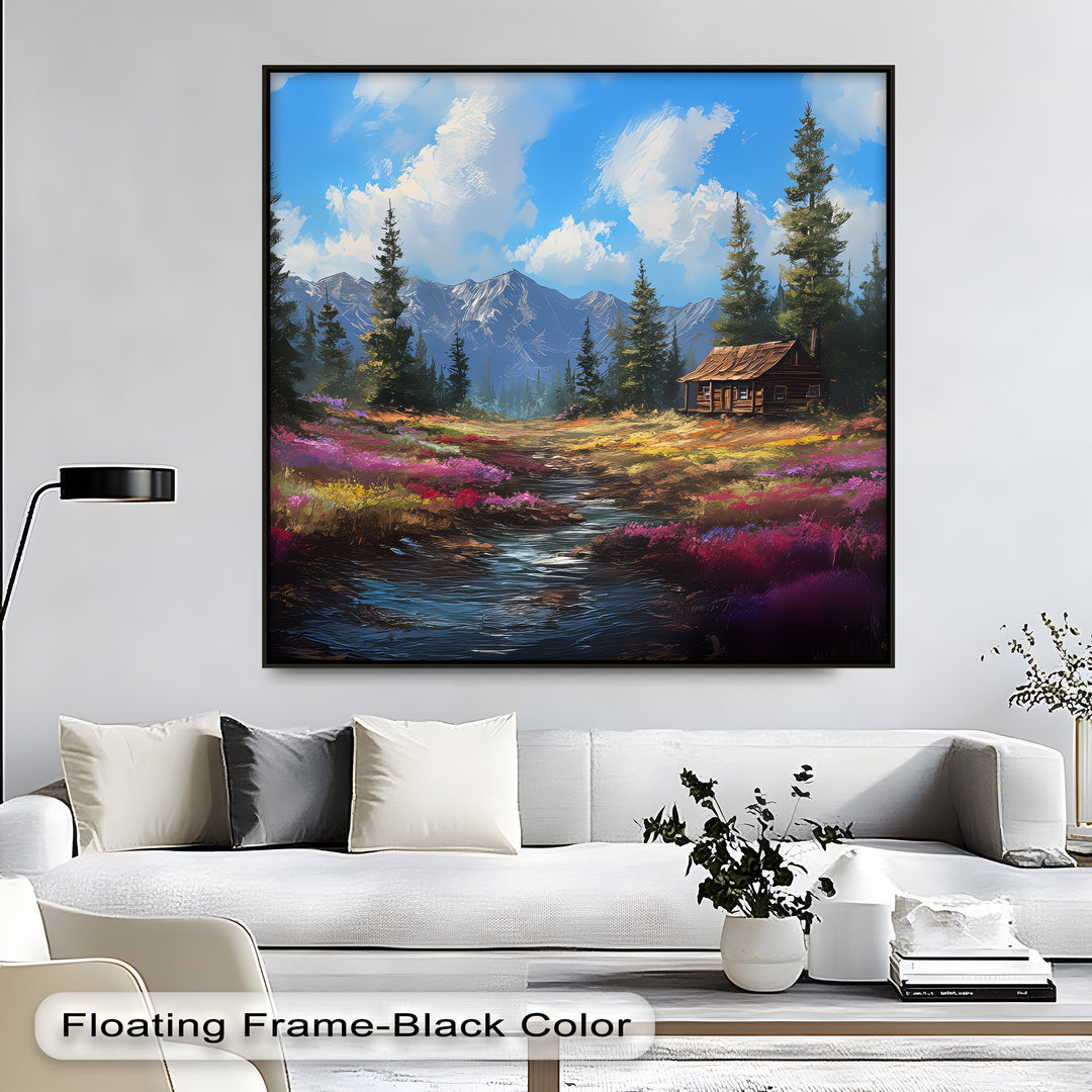 Tranquil Wilderness Cabin – Colorful Mountain Meadow Canvas Print