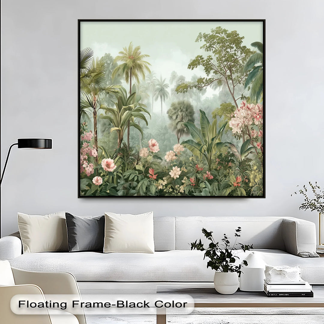 Dense tropical garden canvas painting with pastel floral tones

