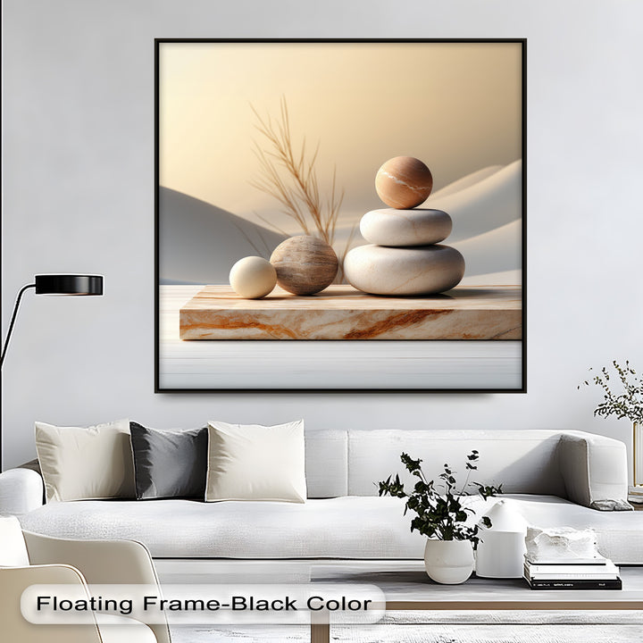 A minimalist Zen Stone Balance big canvas prints creates depth and layers with balanced stones on marble against soft desert curves.