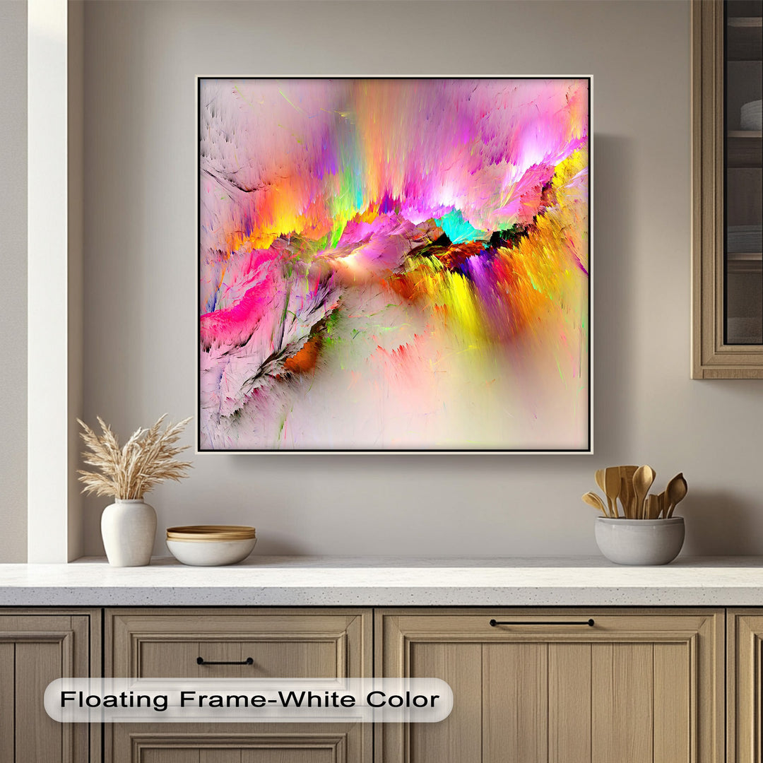 The crisp white floating frame elegantly borders this vibrant abstract canvas painting, showcasing its intense color burst.