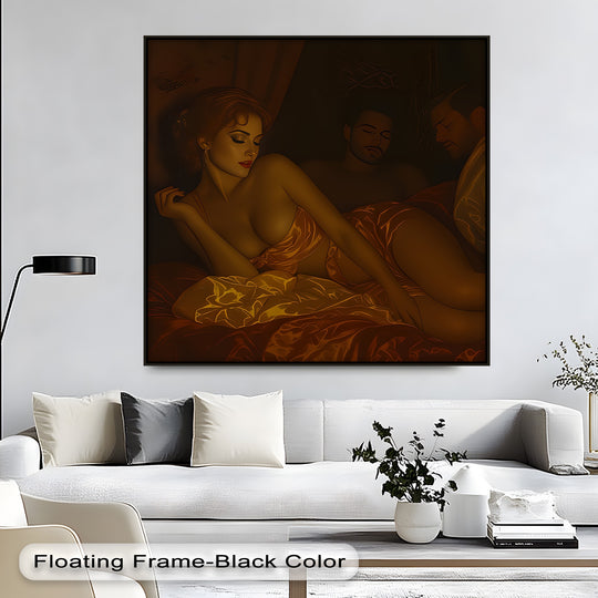 Evoking intimacy, the erotic 'Temptation in Gold' hanging canvas art presents a deeply sensual mood with its rich golden hues and suggestive scene.