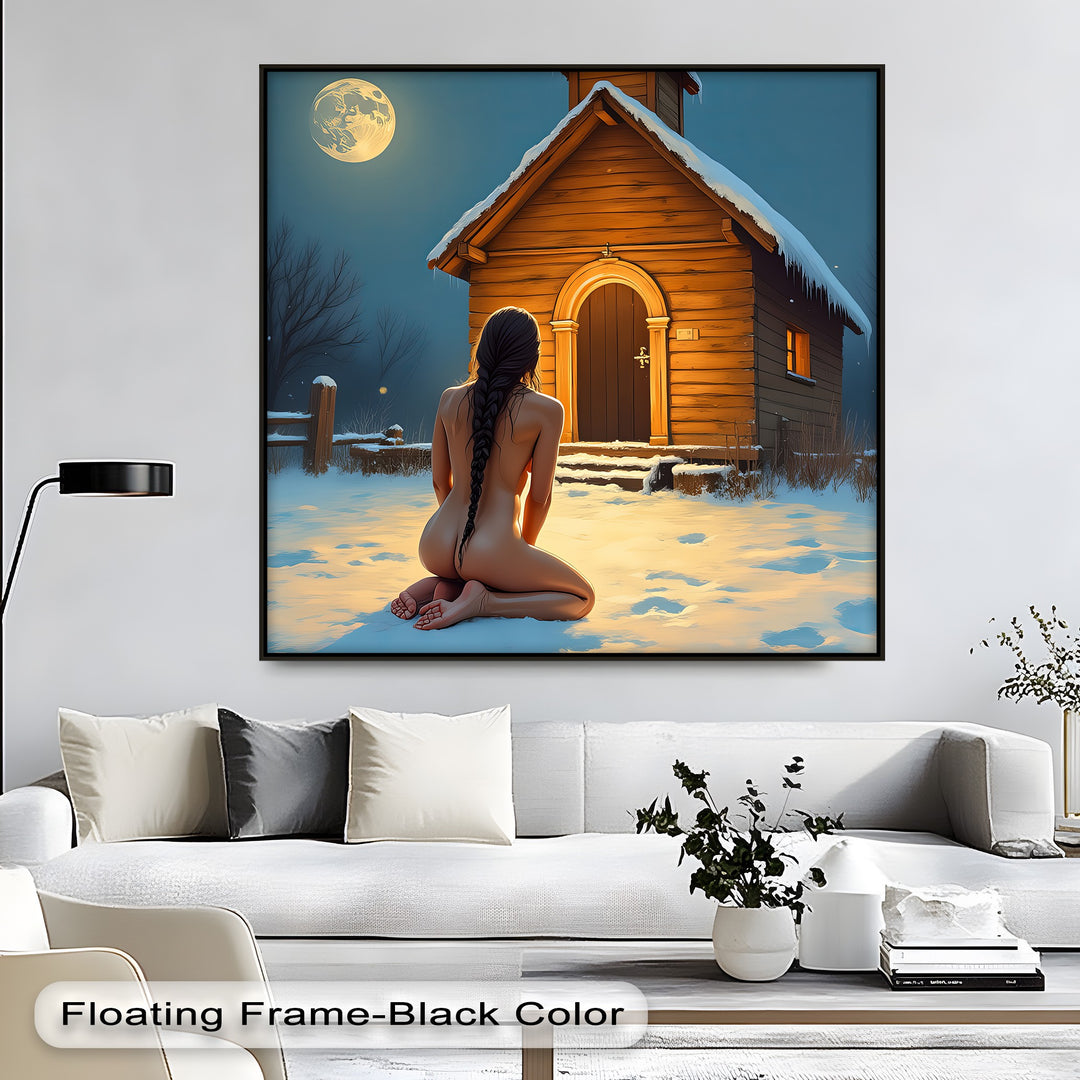 Moonlit Prayer – Sensual Nude in Snowy Night Erotic Canvas Print | Framed Art