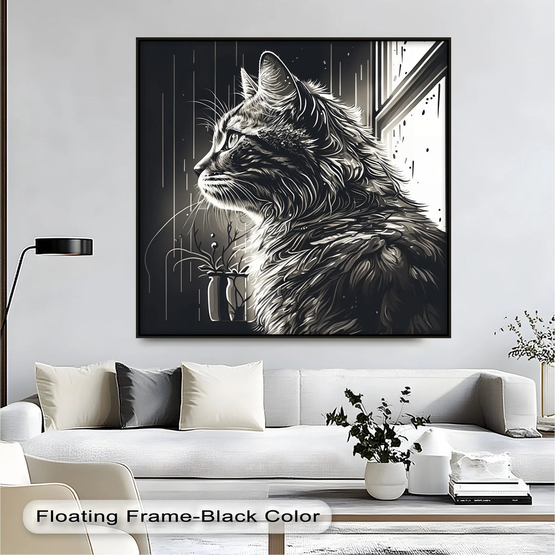 Cat Looking Out the Window in Monochrome - Cat Canvas Print - MyPhotoStation