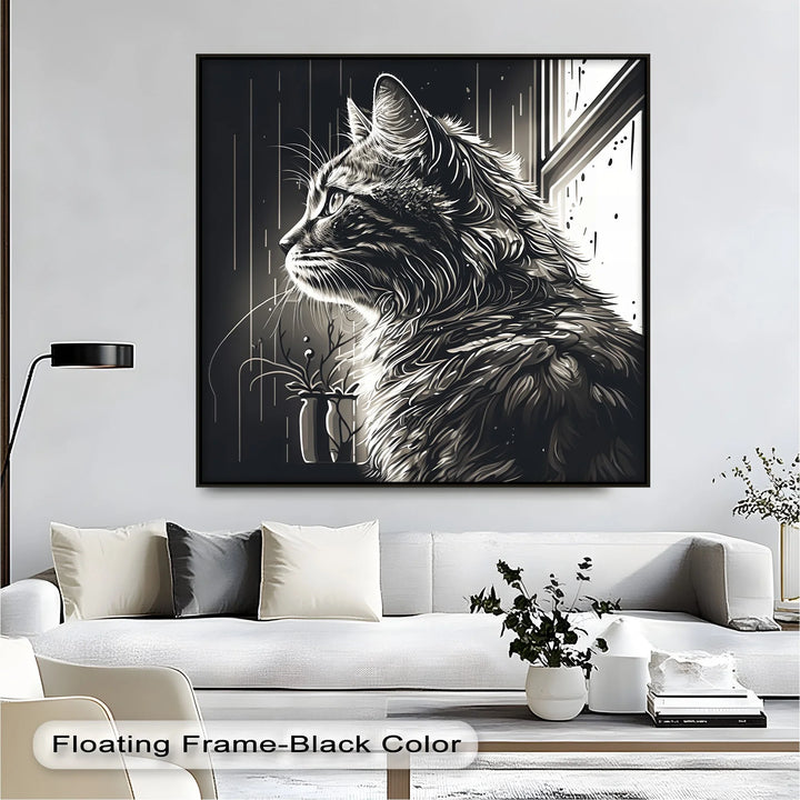 Cat Looking Out the Window in Monochrome - Cat Canvas Print - MyPhotoStation