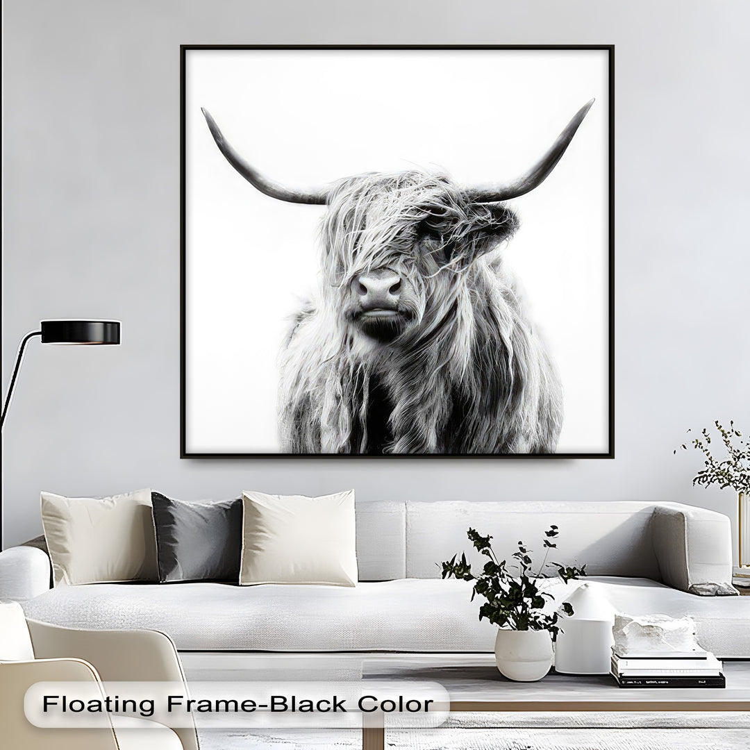 Geometric elements include the dominant square unique canvas print of a minimalist Highland cow, showcasing its dramatic curved horns and rectangular black frame.