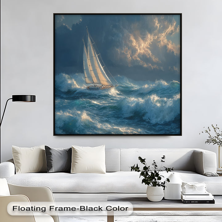 Racing the Storm – Dramatic Ocean Sailboat Scene Canvas Print