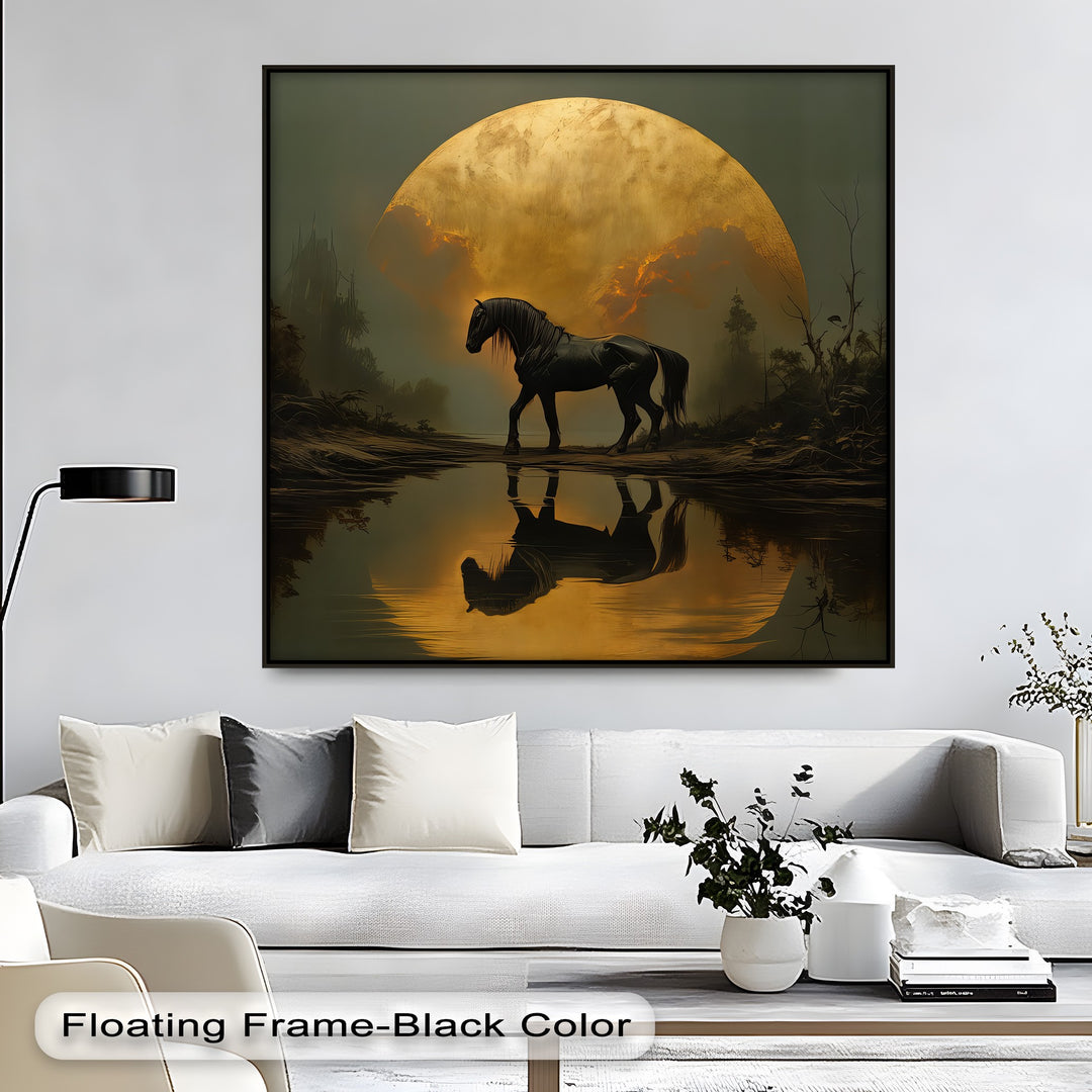 Eclipse Majesty – Black Horse Under a Golden Moon Canvas Print