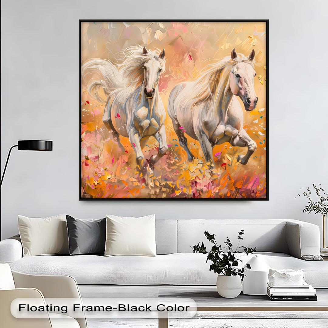 Wild Blossom Run – White Horses Among Petals Canvas Print