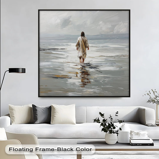 Framed with a smooth, black finish, this canvas print displays sacred solitude, showcasing Jesus walking on the shore with the textured aesthetic of fine canvas pictures.