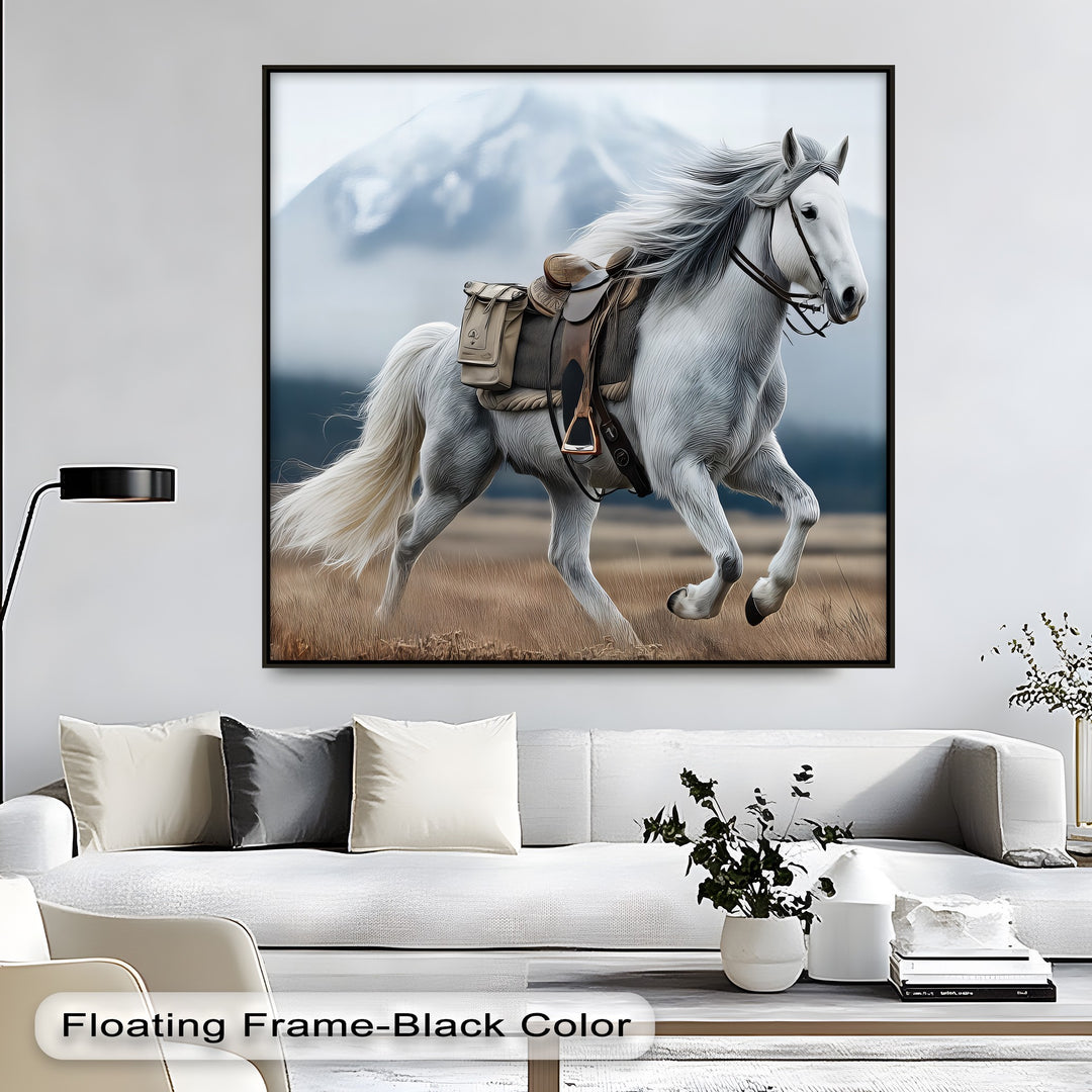 Gallop in the Mist – White Horse with Saddle Canvas Print