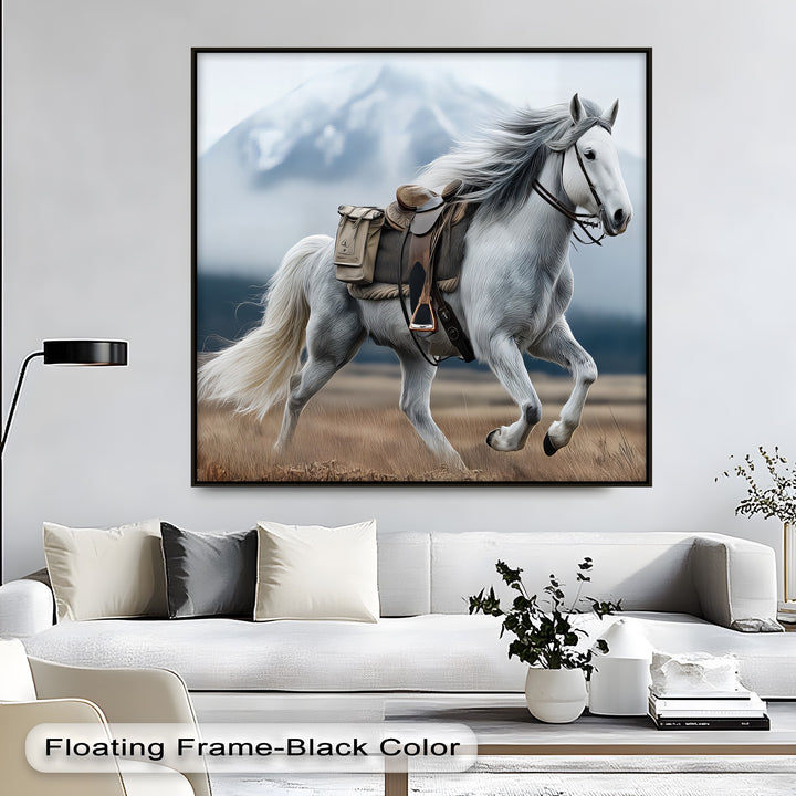 Gallop in the Mist – White Horse with Saddle Canvas Print