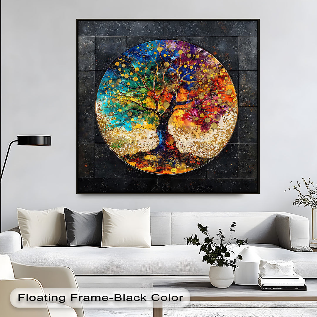 The dark negative space surrounding the vibrant round abstract colorful tree hanging canvas strikingly highlights its intricate nature design.