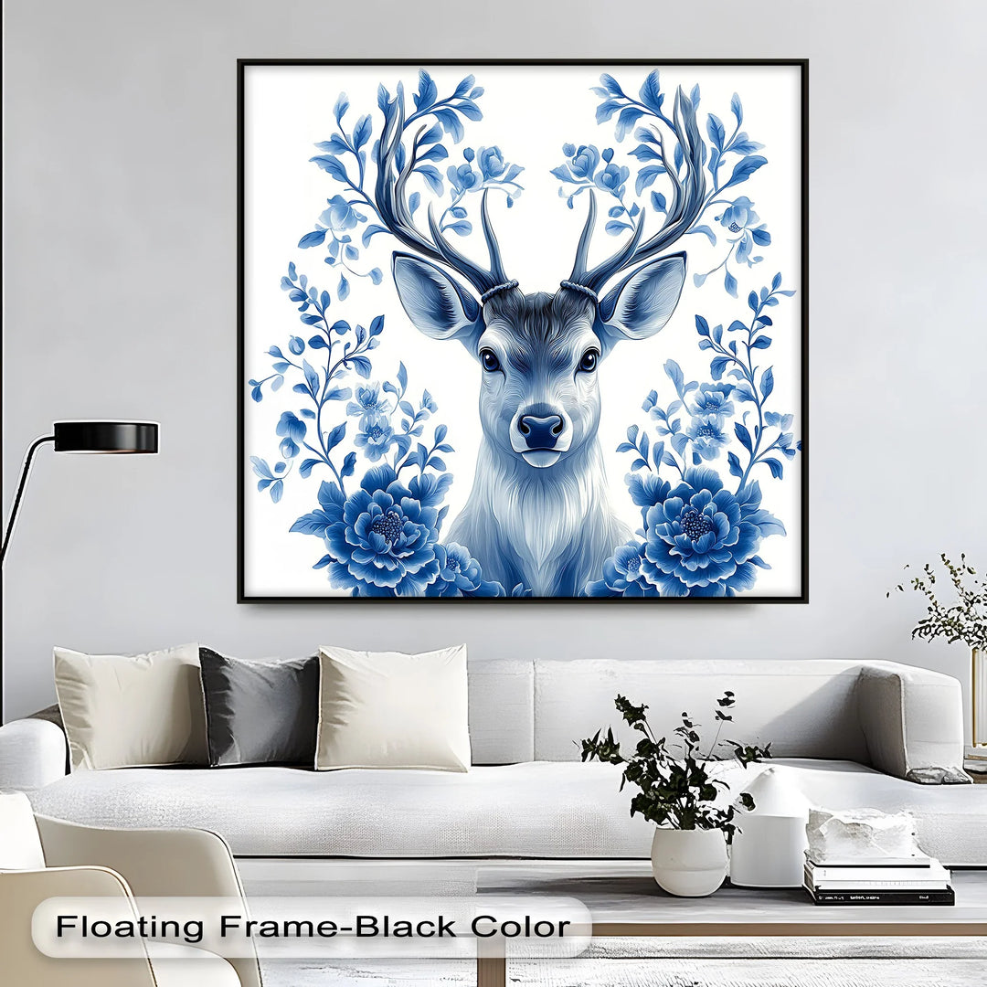 Floral-Antlered Deer in Blue – Nature-Inspired Canvas Print - MyPhotoStation