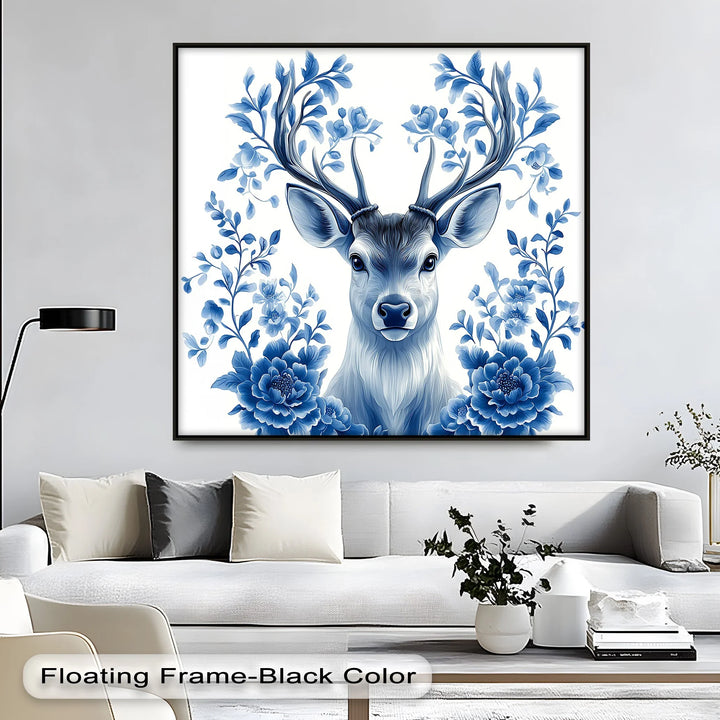 Floral-Antlered Deer in Blue – Nature-Inspired Canvas Print - MyPhotoStation
