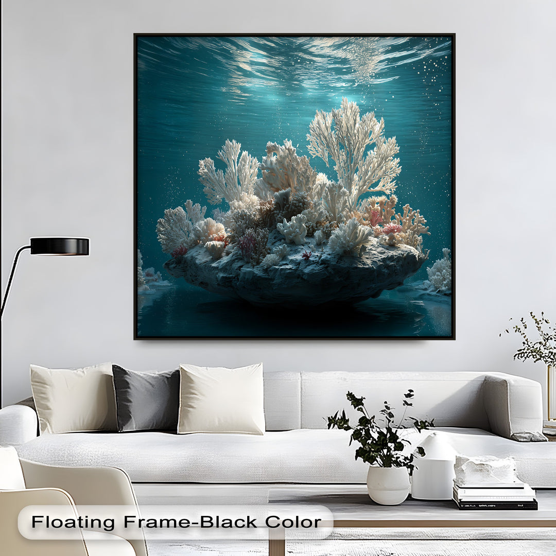 The realistic detail of this white coral reef hanging canvas captures an underwater ocean scene with vibrant turquoise water and delicate bubbles.