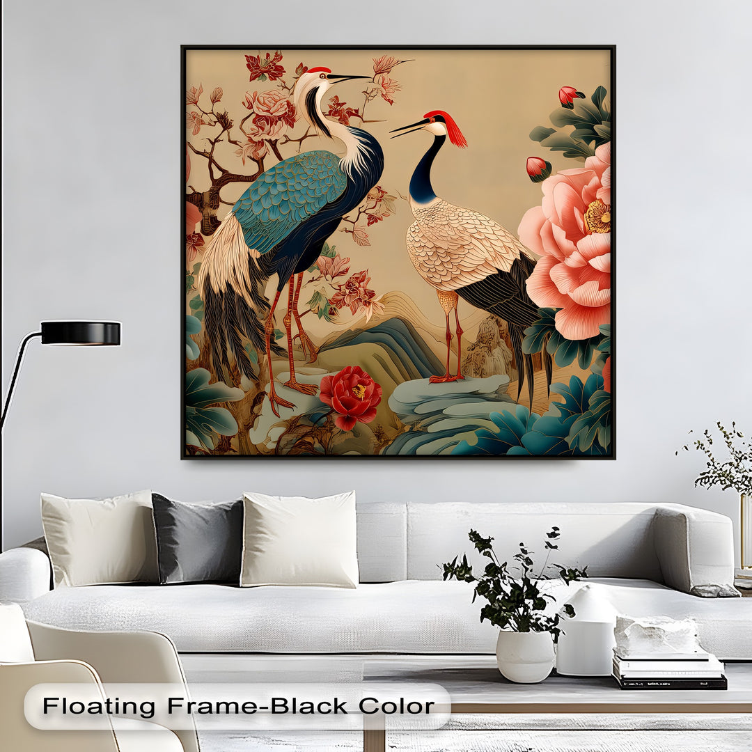 Cranes and Peonies Oriental - Canvas Wall Art | Large Canvas
