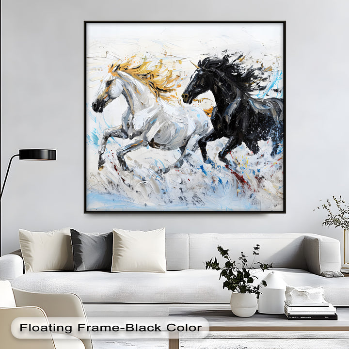 Ethereal Charge – Abstract Black and White Horse Canvas Print