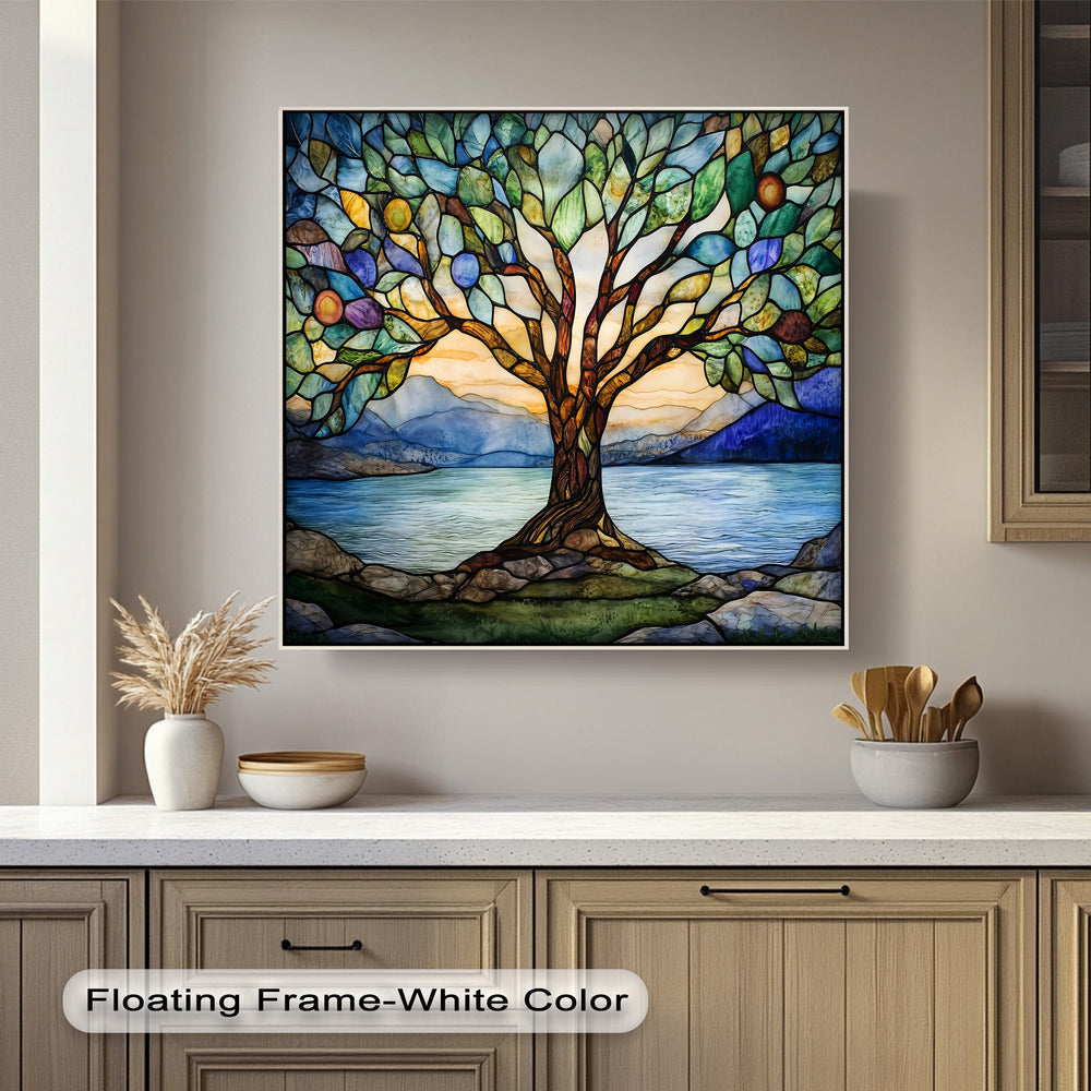 Movement in this Stained Glass Tree Canvas Print comes from light through leaves and the lake's ripples on a vivid hanging canvas.